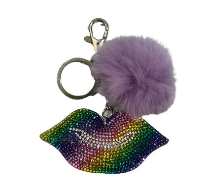 Crystallized Kiss Emoji With Fur Keychains W/Pom Lillac