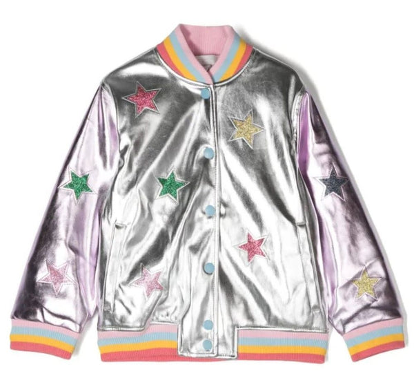 Girl Pleather Jacket With Glittery Patches Silver