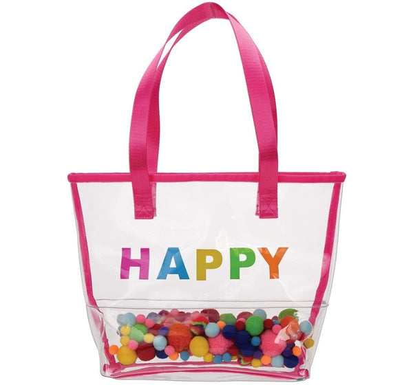 Happy Clear Tote Bag With Pom-Poms