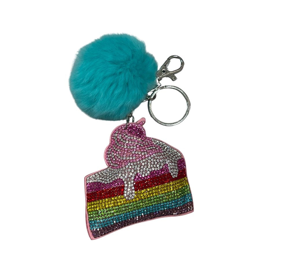 Crystallized Cake Emoji Pom Blue With Fur keychain