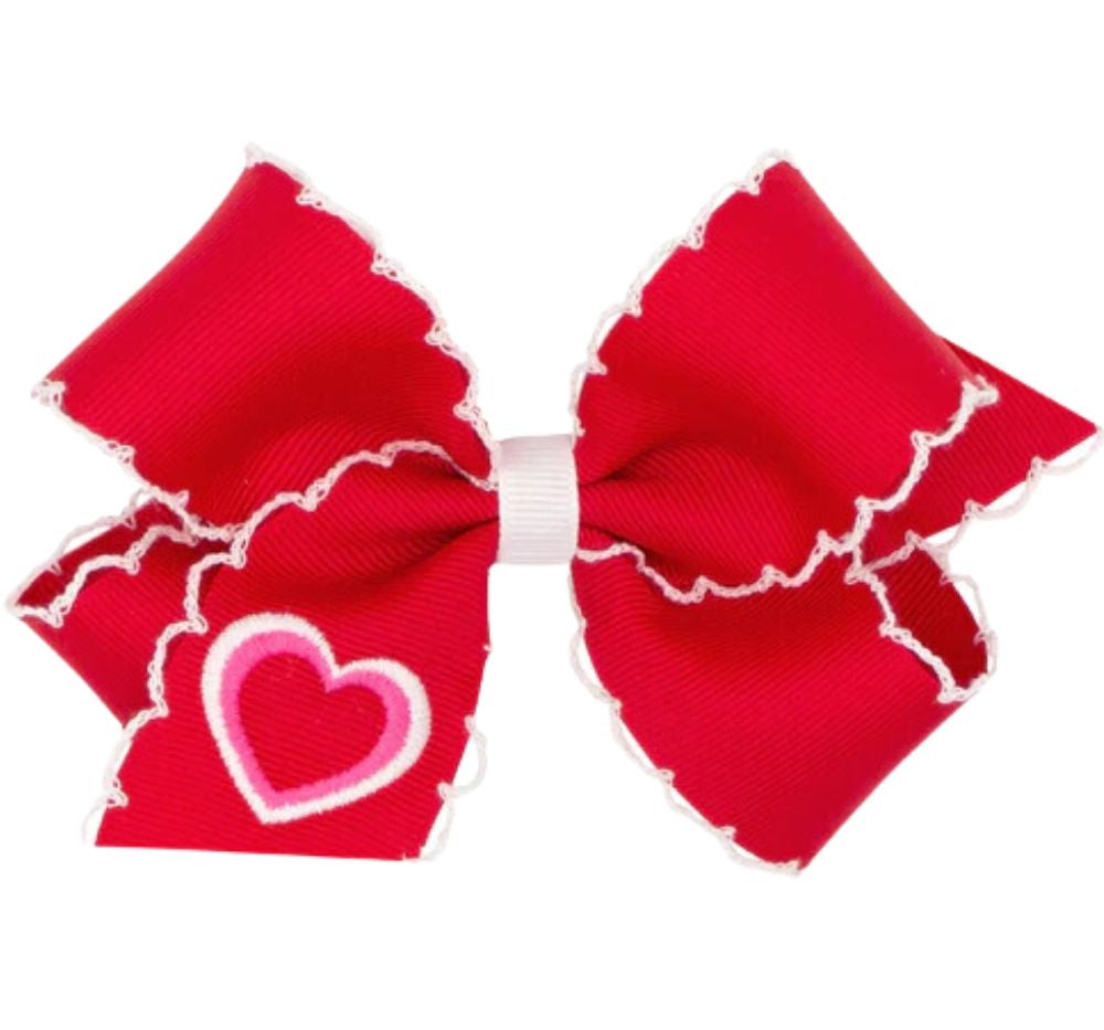 Kng Heart Embrd Gg Hair Bow with Moonstitch Edge Red White