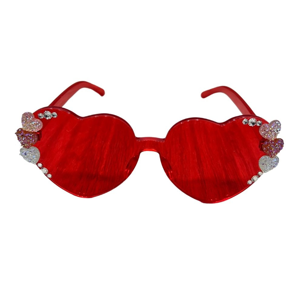 Crystallized Heart Shape Sunglasses Red W/3Hearts