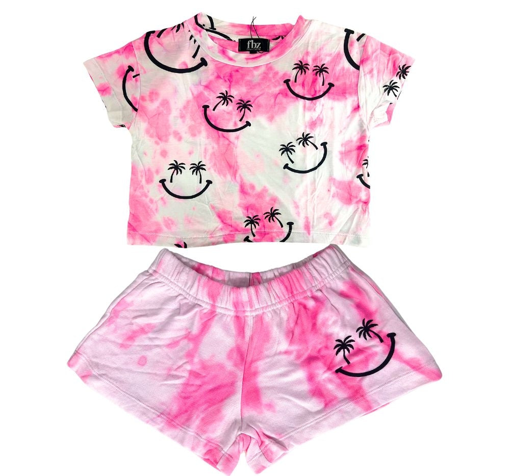 Top & Short White Neon Pink Tie Dye