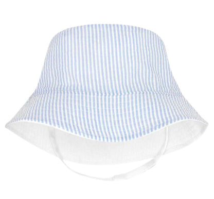 Reversible Boys Seersucker Hat with Straps Light Blue 2T-4T