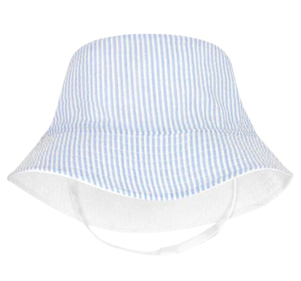 Reversible Boys Seersucker Hat with Straps Light Blue 12-24M
