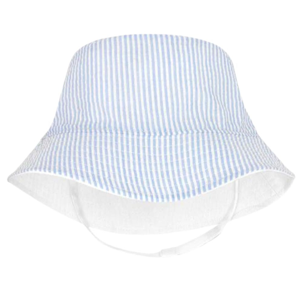 Reversible Boys Seersucker Hat with Straps Light Blue 0-6M