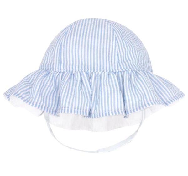 Reversible Girls Seersucker Ruffle Brim Hat Blue 12-24M