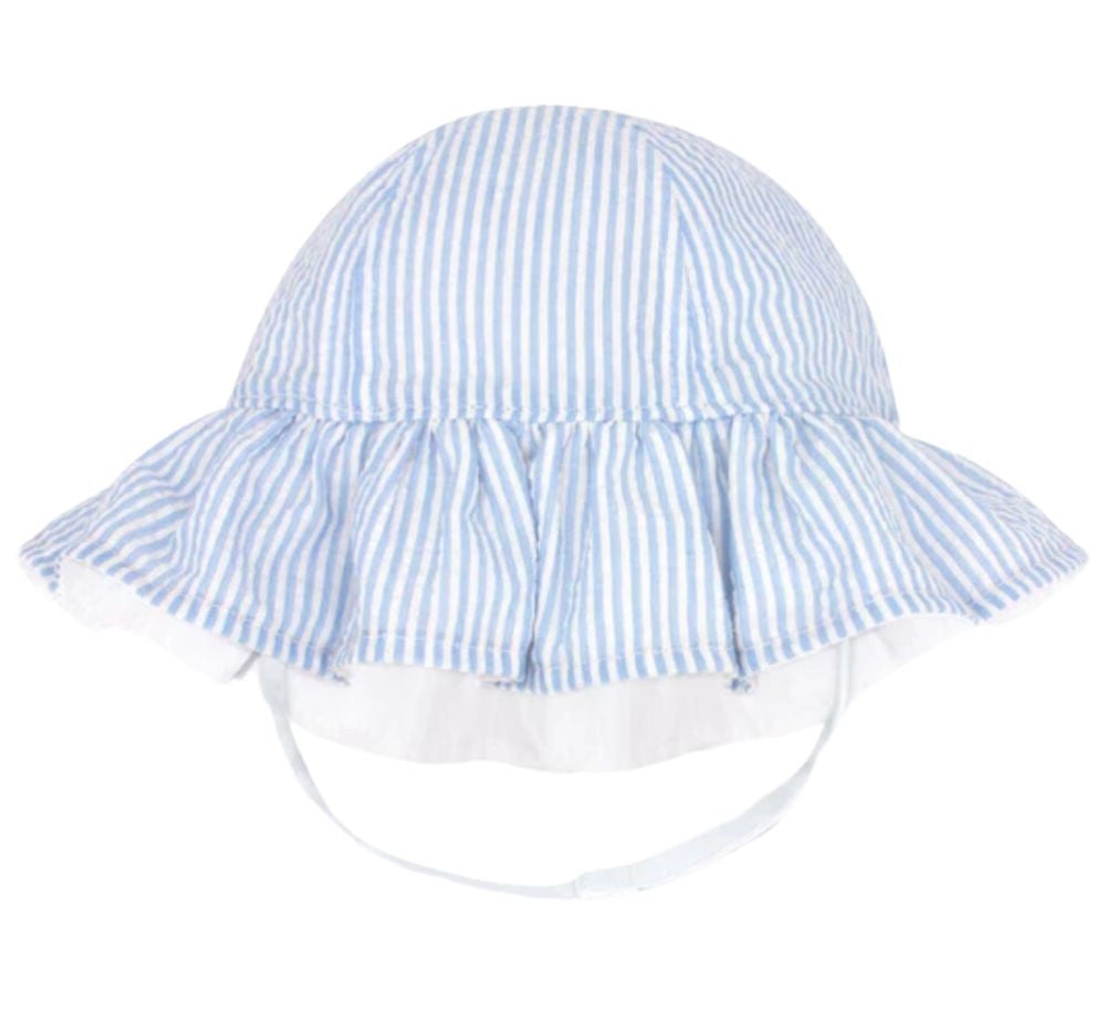 Reversible Girls Seersucker Ruffle Brim Hat Blue 6-12M