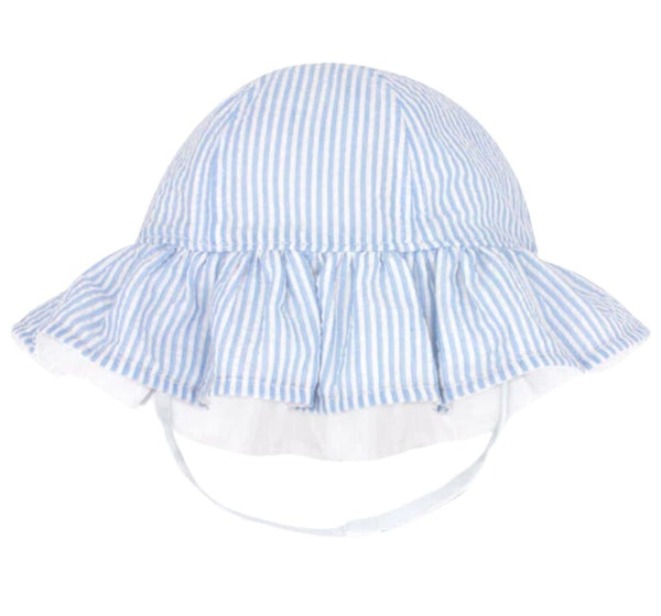Reversible Girls Seersucker Ruffle Brim Hat Blue 0-6M