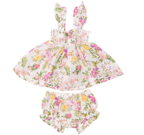 Ruffle Strap Smocked Top And Diaper Cover Cute Hummingbirds